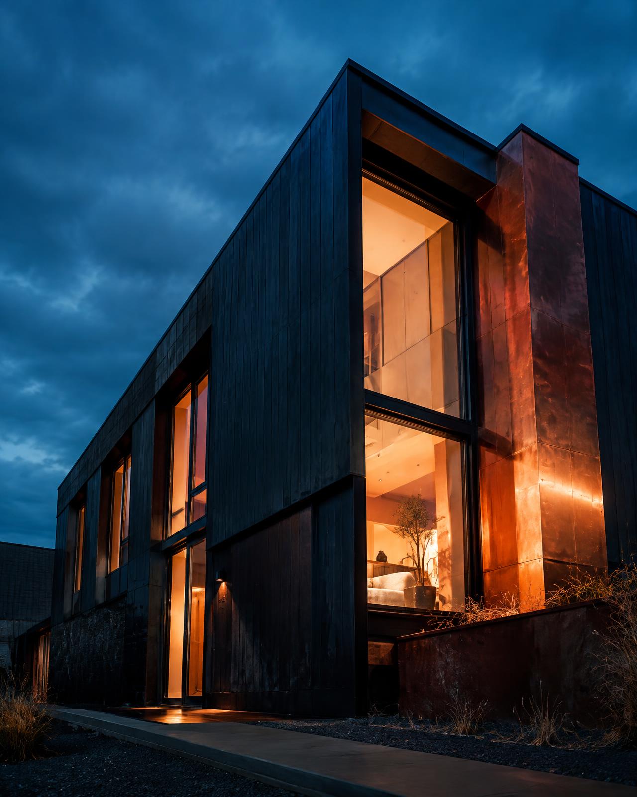 A dark-clad modern home glowing at dusk